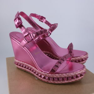 Louboutin 41 Pyraclou 110mm glam barbie pink spike stud espadrilles wedges E874